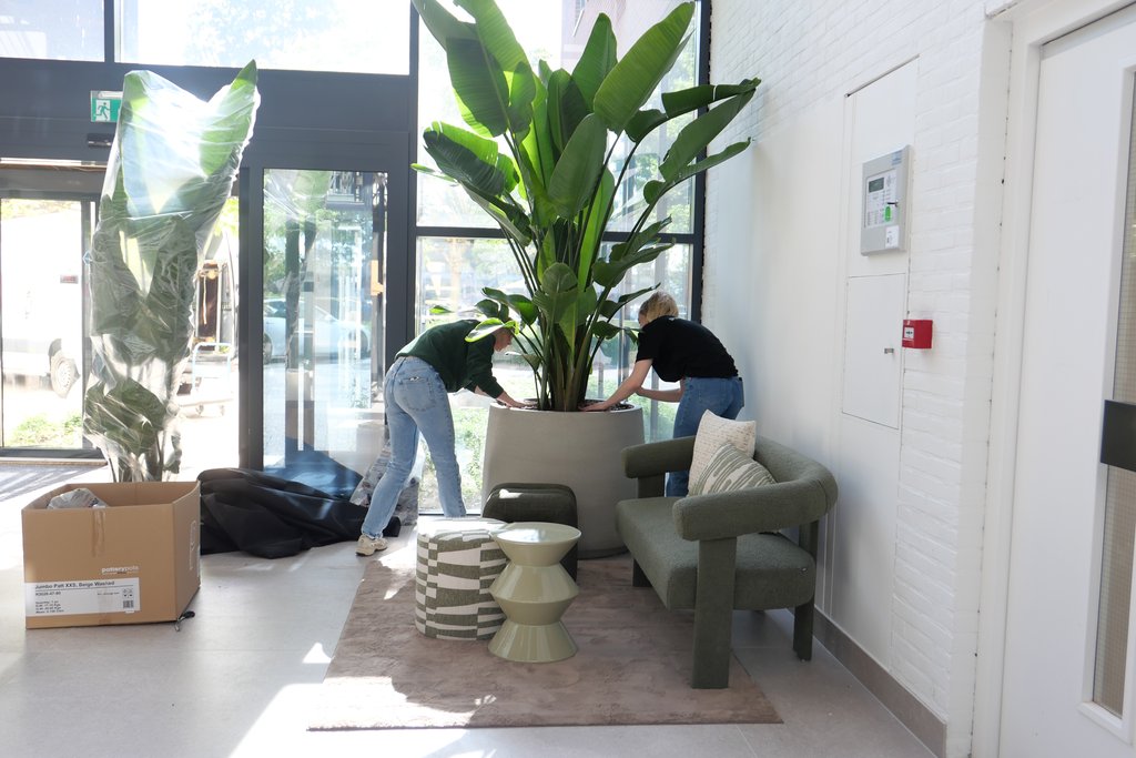 Furniture and greenery in the finished entrance at Luna, Amersfoort